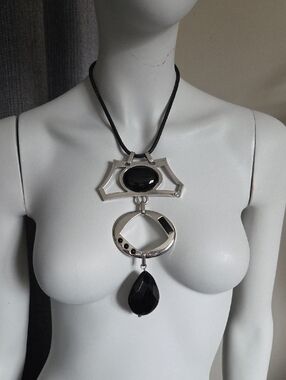 Myka Silver & Black Onyx Removable Statement Pendant w Black Leather Necklace